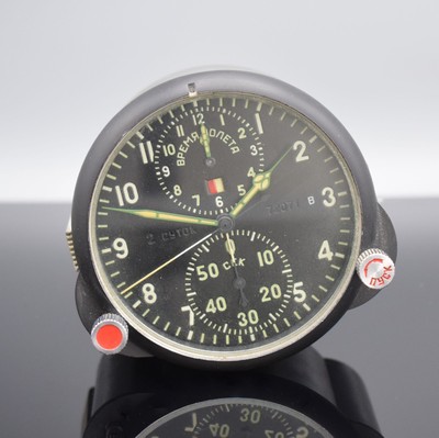 MIG-Einbauuhr mit doppeltem Chronographen, UDSSR um 1980, grau lackiertes Metallgeh., schwarze Lünette, Chrono-Drücker & Krone bei 8 & 4, schwarzes ...