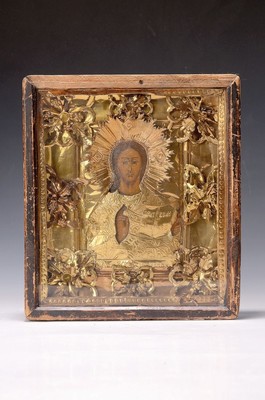 Ikone, Russland, 2. Hälfte 19. Jh., Christus Pantokrator, Tempera auf Holz, reich verziert mit vergoldetem und geprägten Metallblech, dieses auch ...