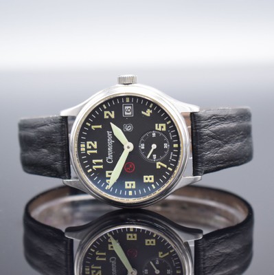 SINN CHRONOSPORT Armbanduhr im Fliegeruhr- Design, Schweiz um 2003, Handaufzug, beids. vergl. Geh., Boden verschr., schwarz. Tritiumzifferbl., arab. ...