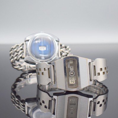 ANKER & PROVITA 2 Herrenarmbanduhren mit digitaler Anzeige, 1.) ANKER Deutschland um 1970, Handaufzug, verchr. Geh., Stahlboden geschr., neutr. ...