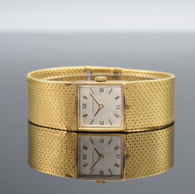 LONGINES Damenarmbanduhr in GG 750/000, Schweiz um 1974, Handaufzug, 2-teil. Geh., Boden aufgedr., integr. GG 750/000 Milanaiseband, silb. Zifferbl. ...