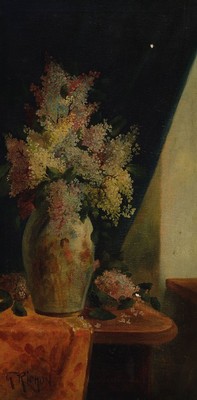 G. Pichon, Künstler*in des 19./20.Jh., Paar Schnittblumenstillleben, Chrysanthemen bzw. Flieder, je betontes Hochformat, Öl/Lwd, je signiert, ...