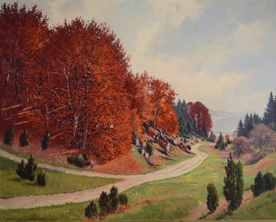 Otto Neubrand, 1911 Herbrechtingen - 1975 Königsbronn, herbstliche Landschaft, koloristische Zeichensetzung, links unten signiert, Öl/Lwd, Rahmen, ...