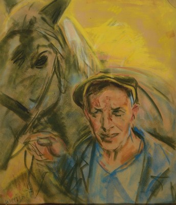 Hugo Weischet, 1897 Wuppertal - 1976 Neuwied , Porträt eines Bauern mit Pferd, verso bez. "Irlichs letzter Gaul u. Herr Driesch", sowie ...