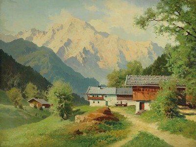 Josef Süßmeier, 1897 Rohr - 1971 München, Alpenkulisse mit der Hochkalter-Gruppe, links unten signiert, Öl/Lwd, Rahmen, 60x80 / 67x86 cm