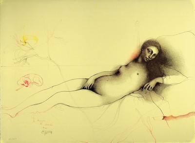 Bruno Bruni, geb. 1935 Gradera, liegender weiblicher Akt, La Venere di Urbino da Tiziano, Farblithographie, handsigniert, nummeriert 65/150, unter ...