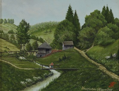 Monogrammist FH, Ansicht der Happacher Sägemühle mit Personenstaffage, links unten monogr. u. bez., Öl/Holz, Rahmen, 13x17 / 28x32 cm