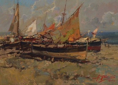 Ungedeuteter Künstler des 20.Jh., impressiv -malerisch aufgefasste Ansicht einiger Boote am Strand, Öl/Lwd, rechts unten signiert, Rahmen, ca. ...