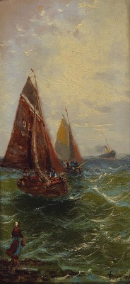 V. Delmar, tätig nach 1900, französischer Marinemaler, Zwei Seestücke: je Ansicht von Fischerbooten auf bewegter See, rechts unten signiert, ...