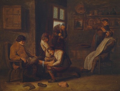 Unbekannter niederländischer Traditionalist, 19.Jh., Genreszene: belebte Praxis eines Barbier-Chirurgen, Haare schneiden u. operieren als typ. ...