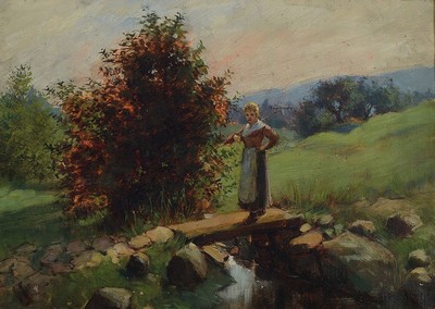 Unbekannter Künstler, Münchener Schule, um 1900, Bäuerin mit Heugabel auf einer kleinen Steinbrücke, Öl/Lwd, unsigniert, ca. 27x37cm, R. ca. ...