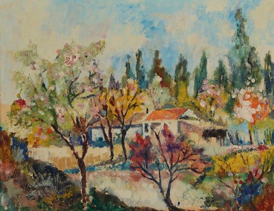 Fritz Wiedemann, 1920-1987 Landau, Blühende Obstbäume vor einem Gehöft, Öl/ Holz, rückseitig Bestätigung der Ehefrau des Künstlers, ca. ...
