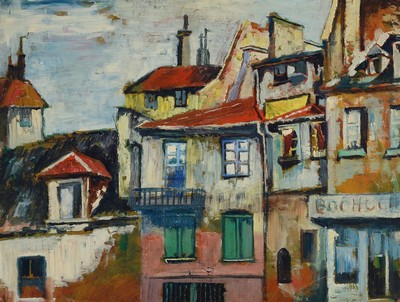 Fritz Wiedemann, 1920-1987 Landau, Dorfansicht aus Frankreich, Elsass, Öl auf Malkarton, rückseitig Bestätigung der Ehefrau des Künstlers, ca. ...