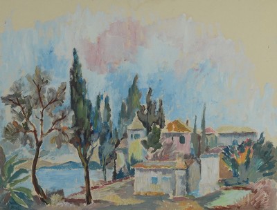 Fritz Wiedemann, 1920-1987 Landau, Landschaft mit Bäumen und Gebäuden, Gouache auf Papier, unsigniert, ca. 50x65 cm