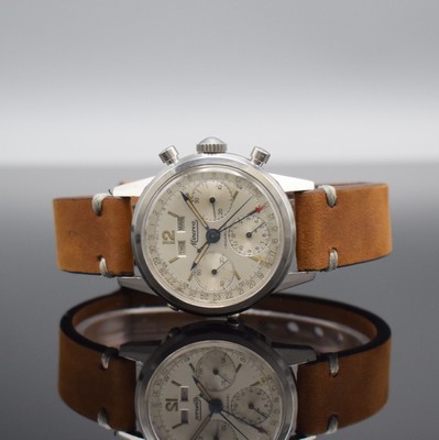 MINERVA Armbandchronograph mit Kalender in Stahl Referenz VF 712, Schweiz um 1960, Handaufzug, 2-teil. Geh., Boden geschr., silb. Zifferbl. l. korr., ...