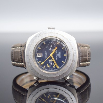 HEUER Calculator Herrenarmbanduhr mit Chronograph, Schweiz um 1975, Automatik, massives Stahlgeh., orig. Drücker & Krone, Boden geschr., silb. ...
