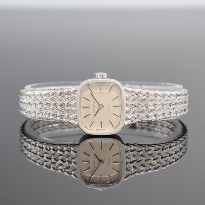 DUGENA Classic Damenarmbanduhr in WG 585/000, Schweiz um 1980, quarz, 2-teil. Geh., Boden aufgedr., WG 585/000 Milanaiseband, silb. Zifferbl. ...