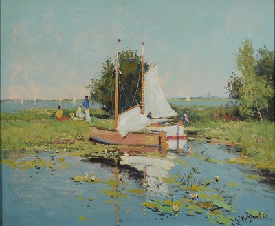 C. van Raalte, niederländischer Maler, 1. Hälfte 20. Jh., Gesellschaft bei einer Segelpause in niederländischen Gewässern, Öl/Lwd, rest., rechts ...