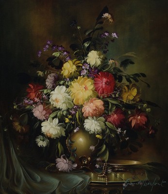 Gerhard Merfort, geb. 1927 Hennersdorf, Üppiges Blumenstillleben im Stil der alten flämischen Meister, Öl/Lwd, rechts unten sign., ca. 80x70cm, R. ...