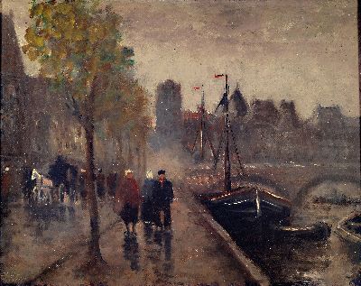 Ungedeuteter Künstler des 20.Jh., Straßenszene entlang der alten Gracht in Amsterdam, atmosphärische Darst., links unten signiert, R., ca. 33x39 cm