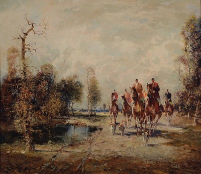 Ludwig Gschossmann, 1894 Straßburg-1988 Tegernsee, Herbstlicher Ausritt, rückseitig so betitelt, Öl/Lwd, links unten sign., ca. 70x80cm, R. ca. ...