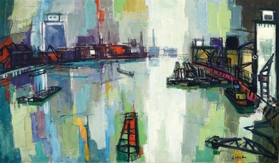 Paul Löffler, 1938-1995 Mannheim, Blick auf den Rheinhafen Ludwigshafen-Mannheim, Öl/Lwd, links unten signiert, ca. 65x110cm, R. ca. 74x119cm