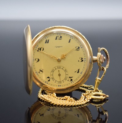 AGRIPPINA Savonette in GG 585/000 mit Goldkette in GG 750/000, Schweiz um 1920, 2-Deckel Goldgeh., Metallcuvette, Rand grav., Metallzifferbl. m. ...