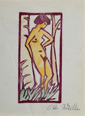 Otto Müller, 1874 - 1930, Farbholzschnitt, Frauenakt, handsigniert, 17.5 x 13 cm, leichte Knickspuren, rückseitig Reste von Stempel