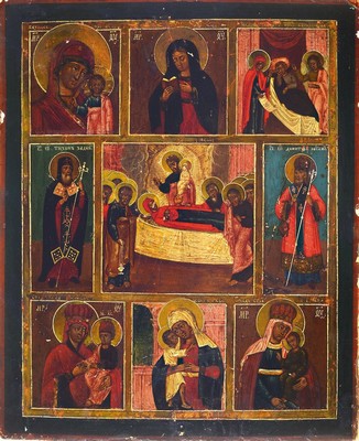 Ikone, Russland, 2. Hälfte 19. Jh., Gottesmutter von Kazan, 9 Felder, Tempera auf Holz, leichtere Oberflächenschäden, ca. 36x30cm, mit Expertise ...