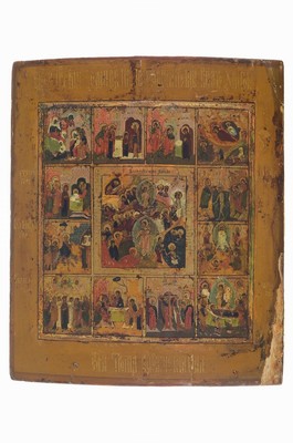 Ikone, Russland, 2. Hälfte 19. Jh., Höllenfahrt und Auferstehung Christi im Mittelteil, in 12 umliegenden Bildern Szenen aus dem Leben Marias und ...