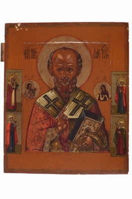 Ikone, Russland, um 1900, Hl. Nikolaus, Tempera auf Holz, vertieftes Mittelfeld, vier Randheilige, ca. 31x25cm, leichtere Oberflächenschäden
