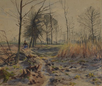 Arthur Wansleben, 1861-1917, Landschaft mit Holzsammlerin, Aquarell auf Papier, links unten signiert und bez. Ddf, ca. 27x31cm, R. ca. 46x52cm