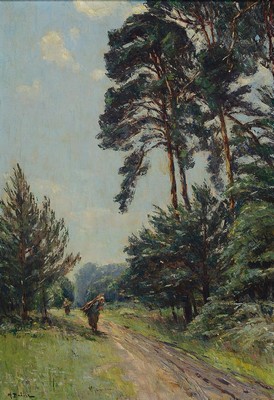 Hermann Bahner, 1867 Düsseldorf - 1938 Langen, Studium an der Akademie Düsseldorf, v.a. hessische Landschaften, hier: Waldweg mit Holzsammlerinnen, ...