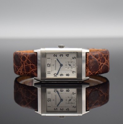 Jaeger-LeCoultre Reverso Grand Taille Armbanduhr in Stahl, Schweiz um 2005, Handaufzug, Ref. 270.8.62, um 180 Grad drehb. Wendegeh., neutr. Lederband ...