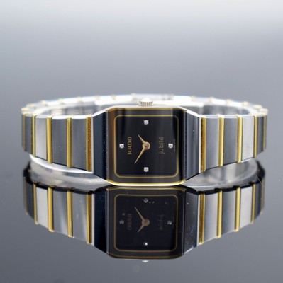 RADO Jubilé Damenarmbanduhr mit 4 Diamantindizes, Schweiz um 1996, quarz, Ref. 204.0268.3, Stahlgeh. m. integr. Keramik/Gold-Band m. Faltschl., ...