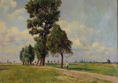 Unbekannter Künstler, deutsch, 1. Hälfte 20. Jh., Weite Landschaft mit vereinzelten Bäumen, Windmühle und Person, Öl/Lwd, links unten ...