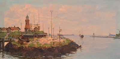 Arnout van Gilst, 1898-1982, Blick auf eine Hafeneinfahrt, Öl/Lwd, rechts unten signiert, ca. 30x60cm, R. ca. 36x66cm