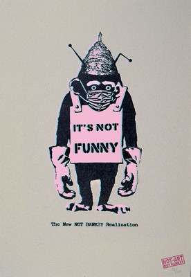 The NEW NOT BANKSY Realisation, "It's Not Funny" (2020), 5G Pandemie-Verschwörungs Schimpanse, Ed. 32/100, 3rd Edition, gestempelt, ...