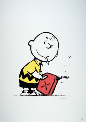 Nach Banksy, britischer Street Art-Künstler,Charlie Brown mit Benzinkanister u. Zigarette (2020), Farboffset, Ed. 32/150, Edition Grafikart UK, ...