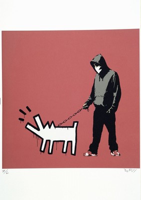 Nach Banksy, im Stil des britischer Street Art-Künstler, Hooligan mit bellendem Keith Haring-Hund, Farboffset, Ed. 34/66, handsigniert, Heavy ...