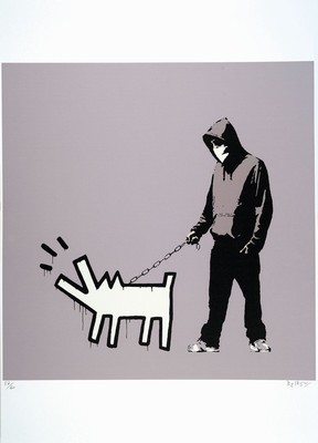 Nach Banksy, britischer Street Art-Künstler,Hooligan mit bellendem Keith Haring-Hund, Farboffset, Ed. 57/66, handsigniert, Heavy Weaponry-Stempel, ...