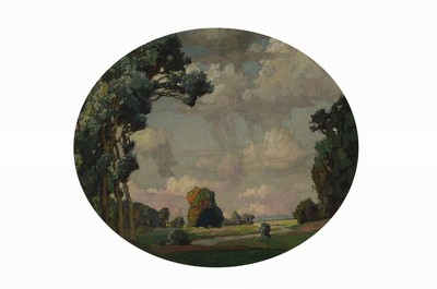 Richard Kaiser, 1868-1941, Landschaft, Öl/Malkarton, mittig unten signiert und bez.: München 1924, im Oval ca. 57x68cm, R. ca. 65x75cm