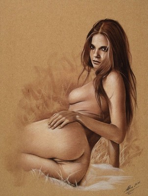 Denis Prenzel, geb. 1971, Pastell-Zeichnung auf dickem Papier, handsigniert, Frauenakt, handsigniert, dat. 2021, Blattgr. 30 x 40 cm, unter Glas, ...