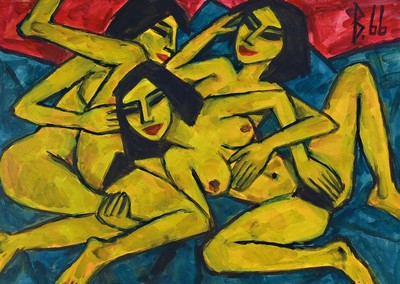 Berutscha (Guarmi Hagemann), 1945 - 1913, erotisches Aktgemälde mit drei Frauen, Öl/ Malplatte, dieses erotische Aktgemälde des bekannten ...