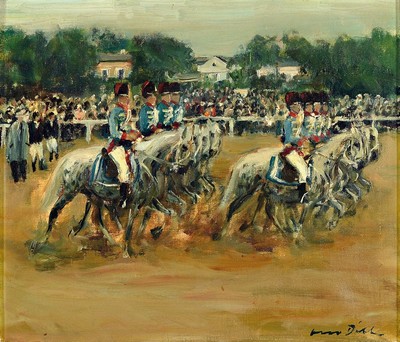 Otto Dill, 1884 Neustadt - 1957 Bad Dürkheim, Reiterparade vor großem Publikum, berittene Husaren-Staffel im Gleichschritt, reiche ...