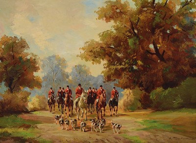 A. Tynckermann o.ä., unleserlich signiert, Düsseldorf, 50/60er Jahre, Parforcejagd, Öl/Lwd, ca. 60 x 80 cm, Rahmen: 78 x 100 cm
