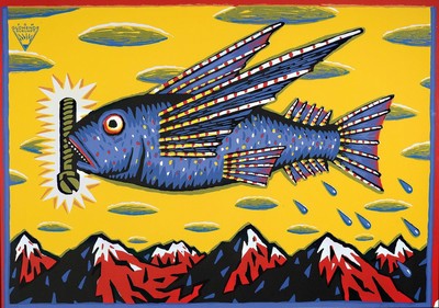 Henning Wagenbreth, geb. 1962, glühende Zukunft, Farbserigraphie auf dickem Karton, handsigniert, num. 20/35, unter Glas, Rahmen, ca. 63 x 87 cm