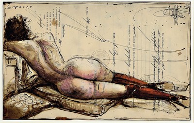 Andreas Noßmann, geb. 1962, Federzeichnung und Aquarell auf antikem Papier, handsigniert, dat. 01.06.21, Werksverzeichnis DVZ 1489, Blattgr. 21 x 33 ...