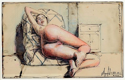 Andreas Noßmann, geb. 1962, Mischtechnik (Federzeichnung und Aquarell und Farbstift) auf original antikem Papier, Titel: "Abendlicher ...