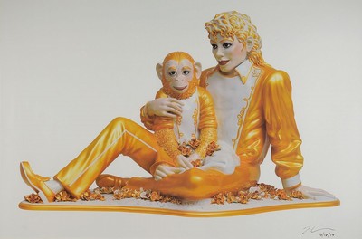 Jeff Koon, geb. 1955, große Offset- Litho, "Michael Jackson and Bubbles", Fondation Beyeler, handsigniert und dat. 18.10.14 mit Goldstift, ...